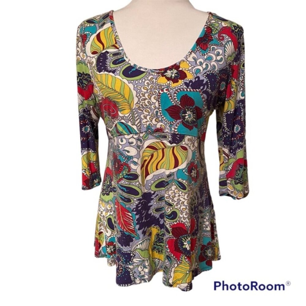 SALAAM TOP SCOOP NECK & BACK BLUE WHITE PURPLE MULTI COLOR FLORAL SIZE L USA